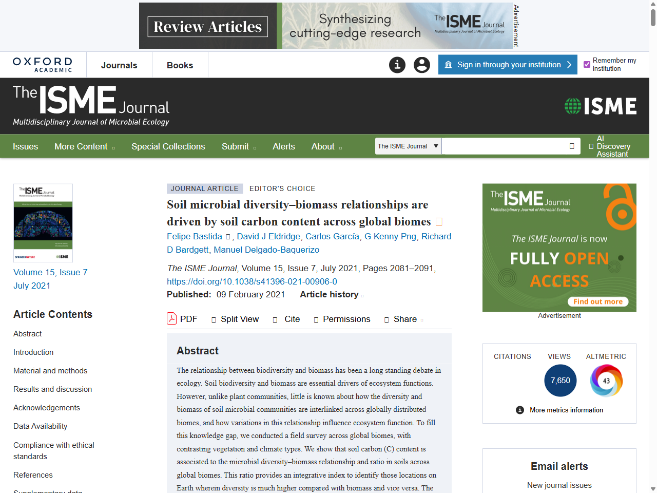 Preview of Soil microbial diversity–biomass relationships are driven by soil carbon content across global biomes | The ISME Journal | Oxford Academic, accessed August 3, 2025
