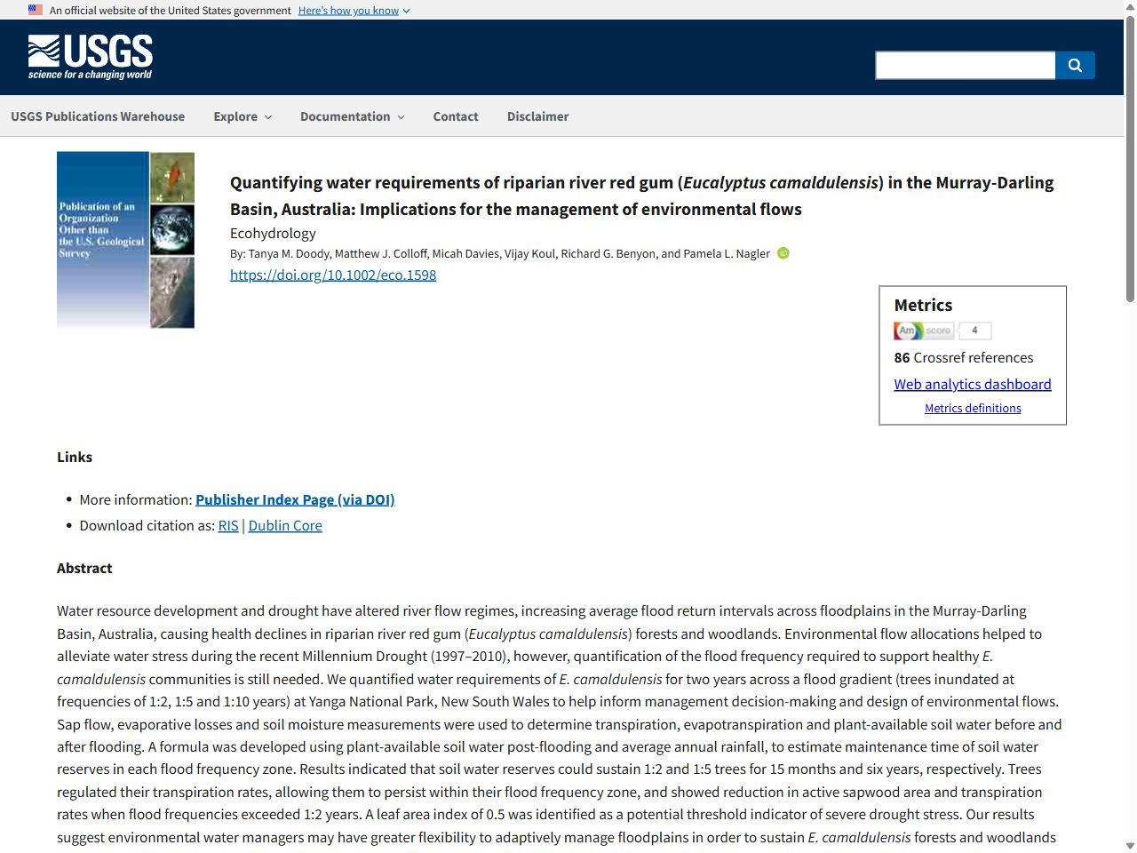Preview of Quantifying water requirements of riparian river red gum (Eucalyptus camaldulensis) in the Murray-Darling Basin, Australia: Implications for the management of environmental flows - USGS Publications Warehouse