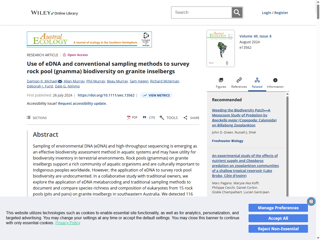 Preview of Use of eDNA and conventional sampling methods to survey rock pool (gnamma) biodiversity on granite inselbergs