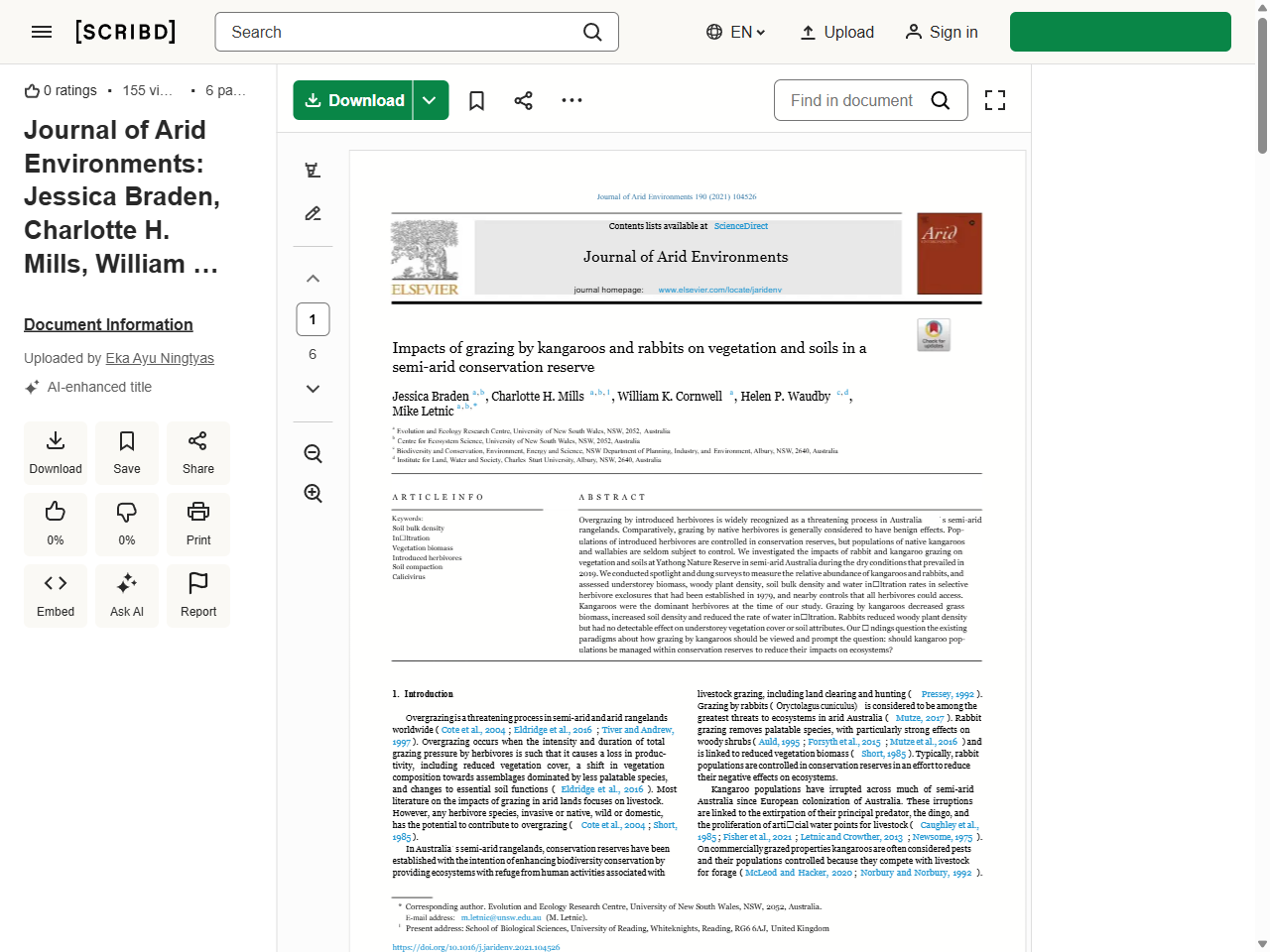Preview of Journal of Arid Environments: Jessica Braden, Charlotte H. Mills, William K. Cornwell, Helen P. Waudby, Mike Letnic - Scribd, accessed July 10, 2025,