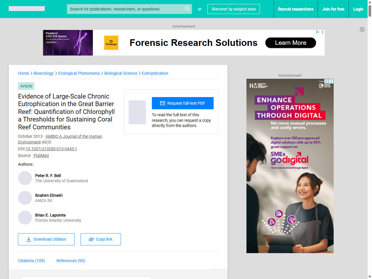 Preview of Evidence of Large-Scale Chronic Eutrophication in the Great Barrier Reef: Quantification of Chlorophyll a Thresholds for Sustaining Coral Reef Communities - ResearchGate,