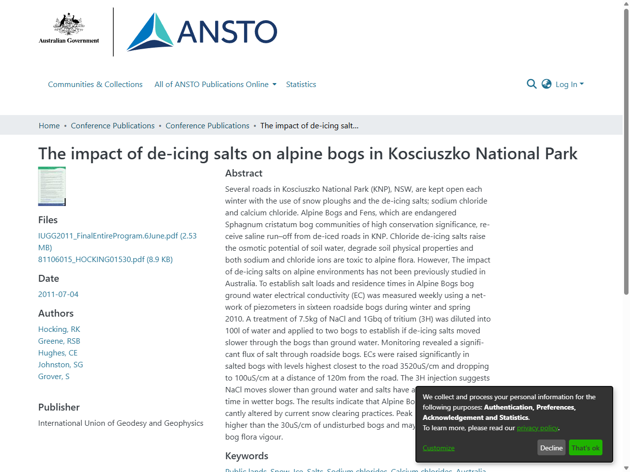 Preview of Hocking, R., Greene, R., Hughes, C., Johnston, S., & Grover, S. (2011). The impact of de-icing salts on alpine bogs in Kosciuszko National Park.