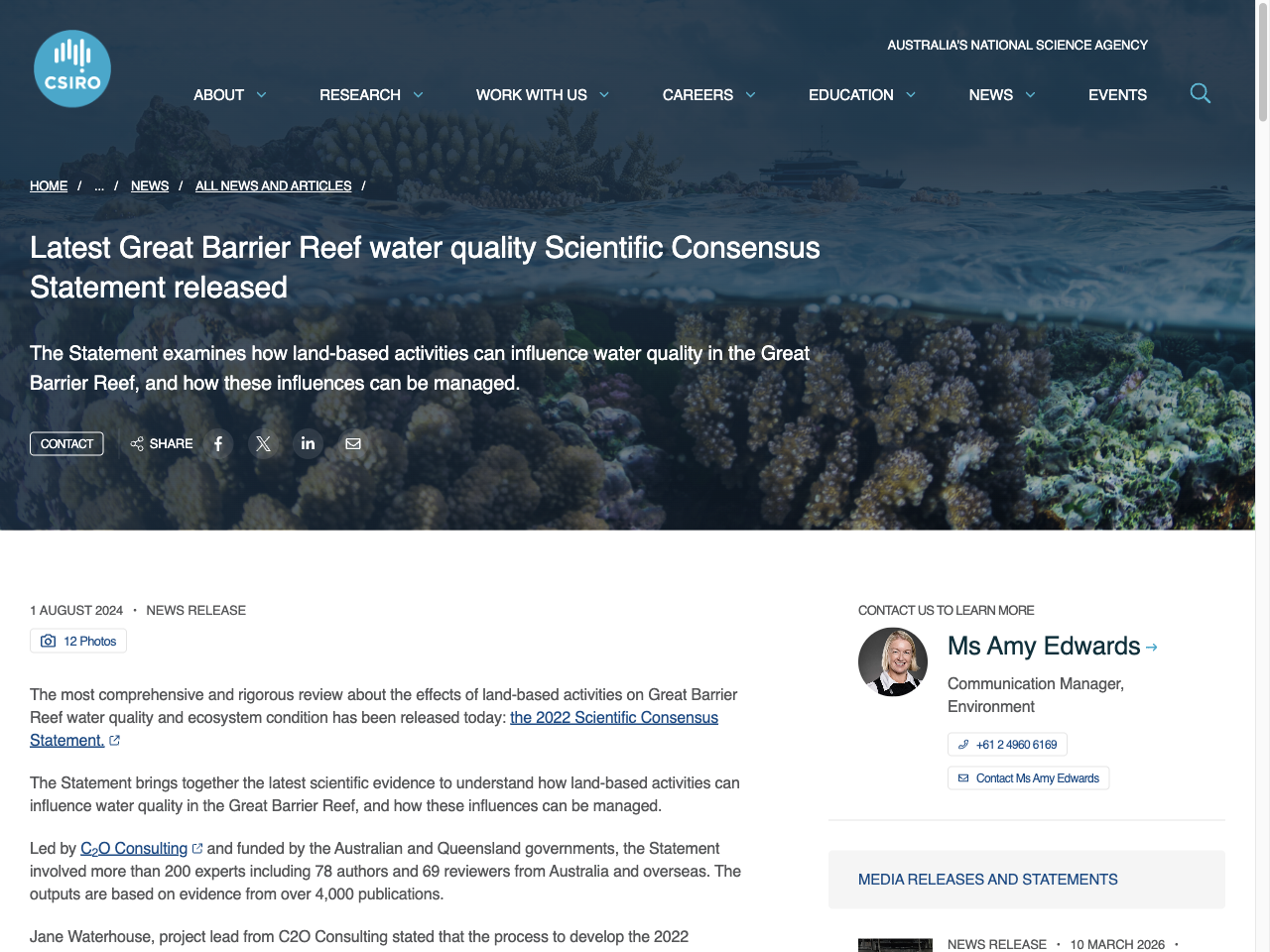 Preview of Latest Great Barrier Reef water quality Scientific Consensus Statement released - CSIRO, accessed August 1, 2025