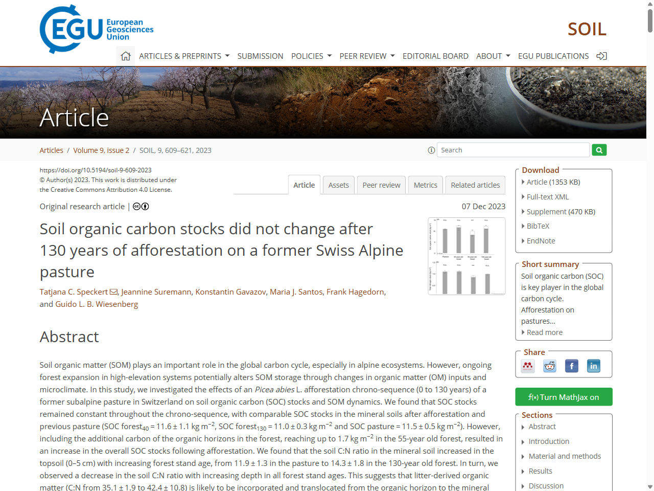 Preview of Soil organic carbon stocks did not change after 130 years of afforestation on a former Swiss Alpine pasture, accessed August 5, 2025