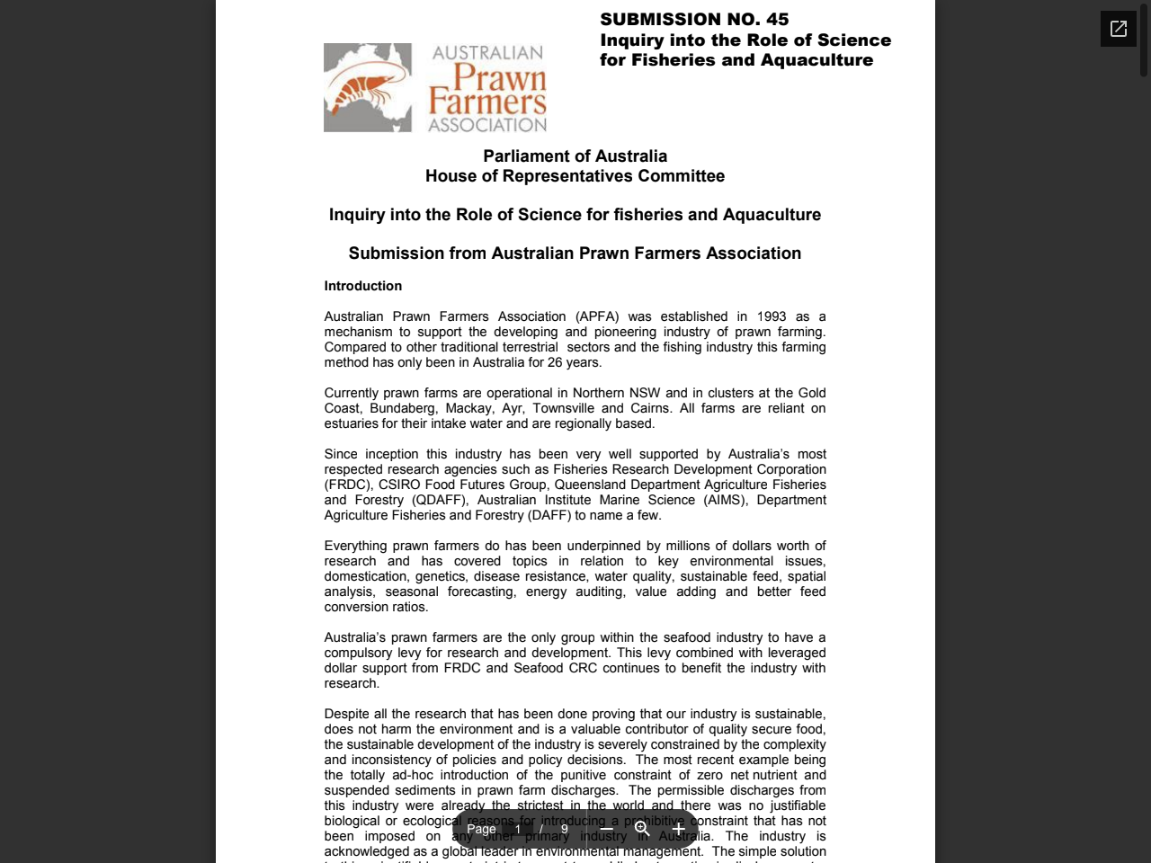 Preview of Parliament of Australia House of Representatives Committee Inquiry into the Role of Science for fisheries and Aquaculture Submission from Australian Prawn Farmers Association, accessed August 1, 2025