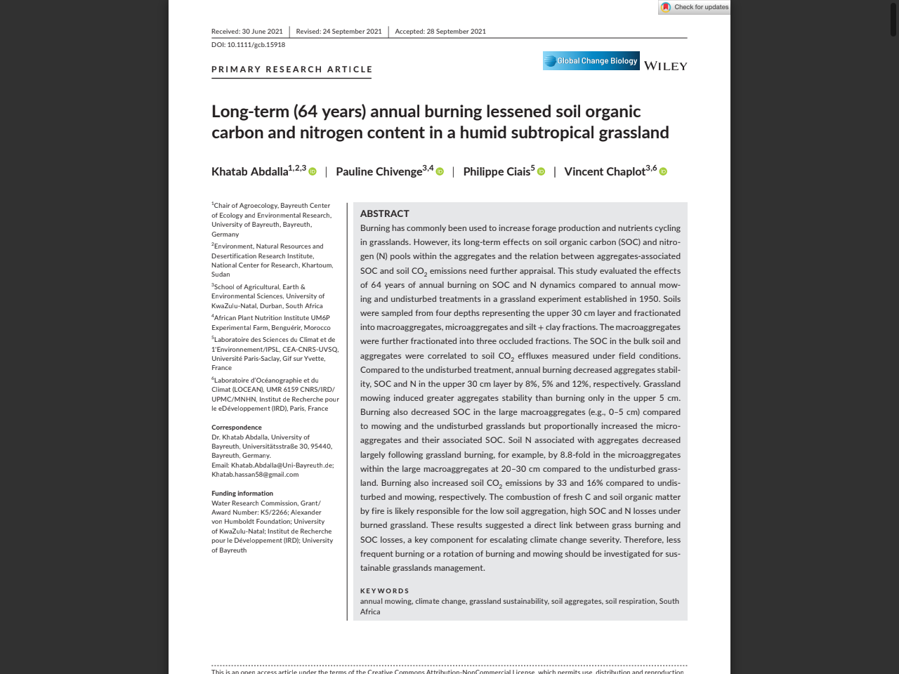 Preview of Long‐term (64 years) annual burning lessened soil organic carbon and nitrogen content in a humid subtropical grassland - EPub Bayreuth