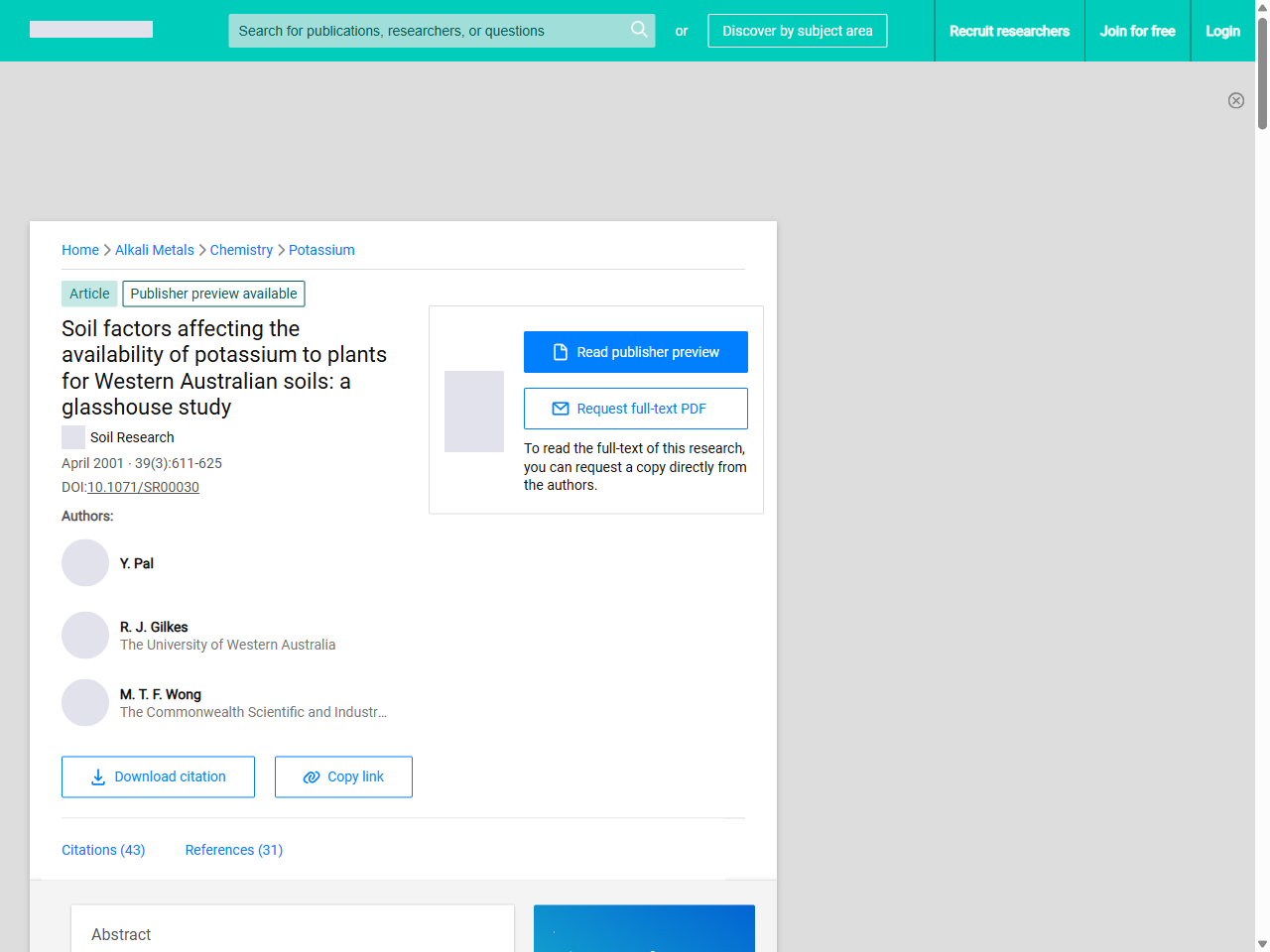 Preview of Soil factors affecting the availability of potassium to plants for Western Australian soils: a glasshouse study | Request PDF - ResearchGate