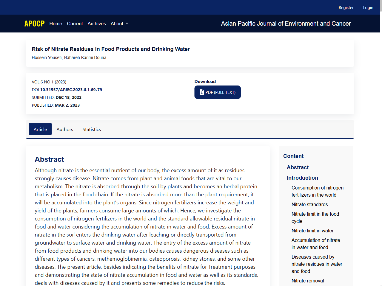 Preview of Risk of Nitrate Residues in Food Products and Drinking Water | Asian Pacific Journal of Environment and Cancer, accessed August 1, 2025