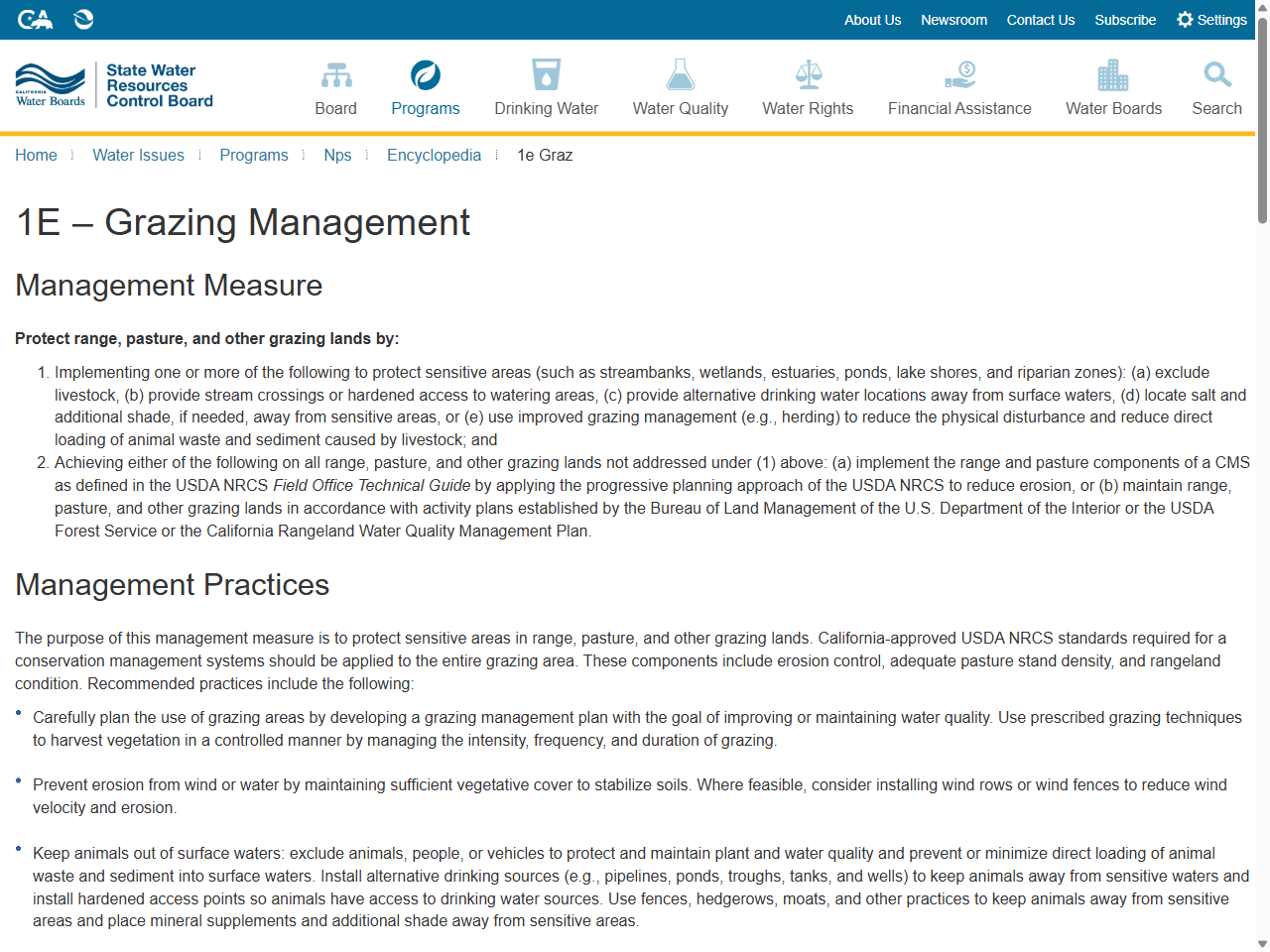 Preview of 1E Grazing Management - Nonpoint Source Pollution (NPS) Control Program Encyclopedia | California State Water Resources Control Board, accessed August 8, 2025