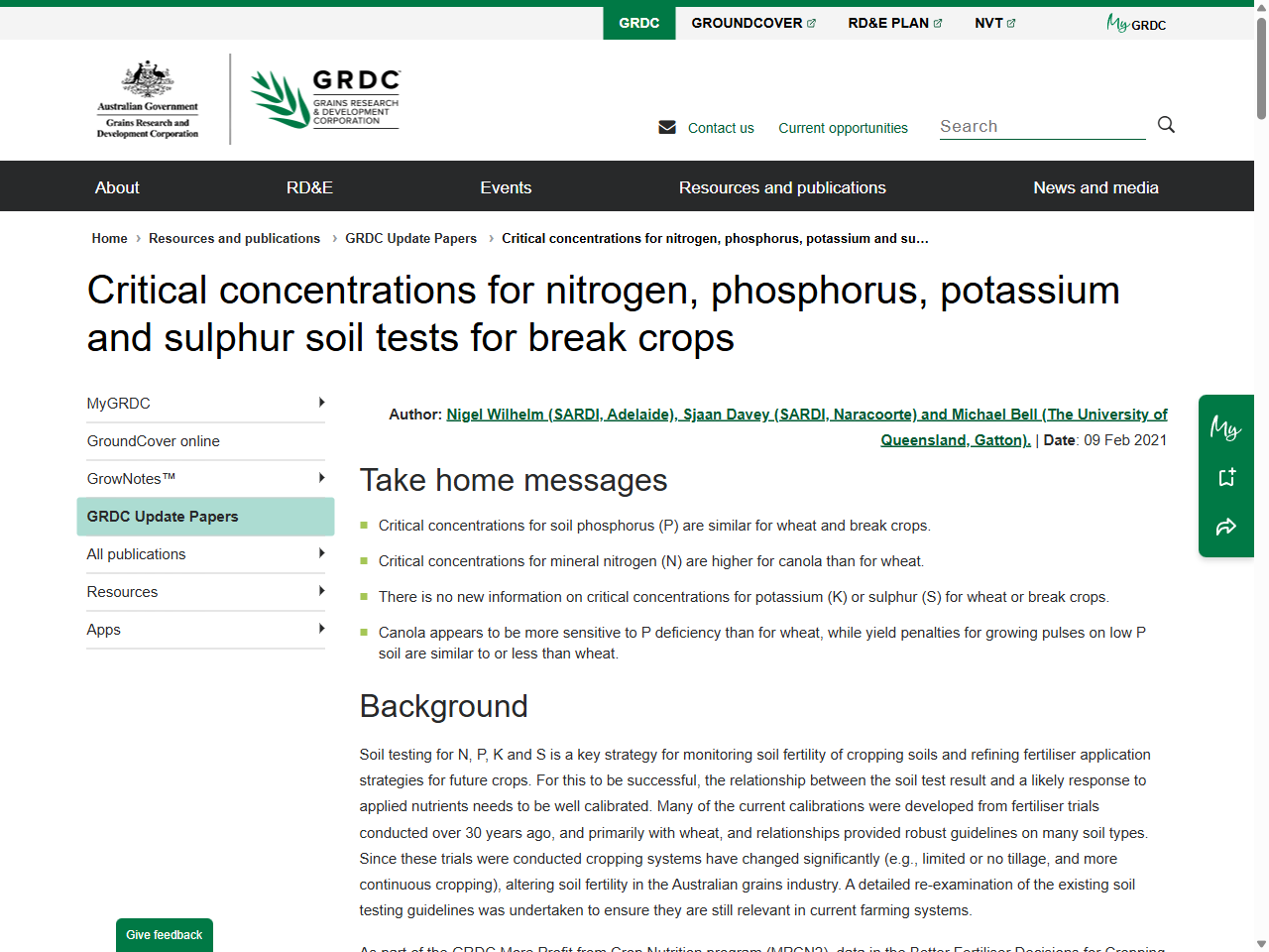 Preview of Critical concentrations for nitrogen, phosphorus, potassium and sulphur soil tests for break crops - Grains Research and Development Corporation (GRDC)