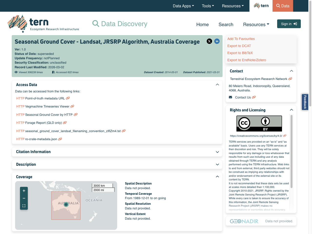 Preview of Seasonal ground cover - Landsat, JRSRP algorithm, Australia Coverage - TERN Data Discovery Portal, accessed July 22, 2025, 