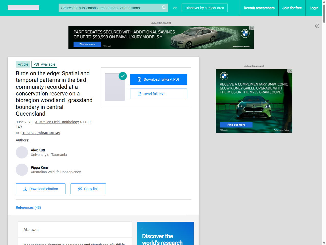 Preview of (PDF) Birds on the edge: Spatial and temporal patterns in the bird community recorded at a conservation reserve on a bioregion woodland−grassland boundary in central Queensland - ResearchGate, accessed August 2, 2025, 