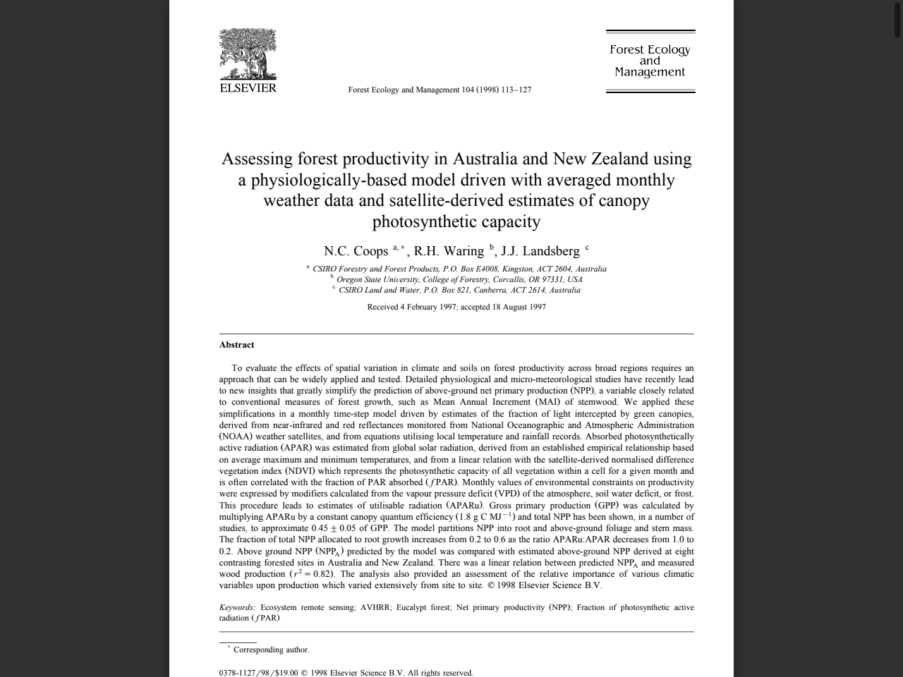 Preview of Coops, N. C., Waring, R. H., & Landsberg, J. J. (1998). Assessing forest productivity in Australia and New Zealand using a physiologically-based model driven with averaged monthly weather data and satellite-derived estimates of canopy photosynthesis. Forest Ecology and Management, 104(1-3), 113-127.