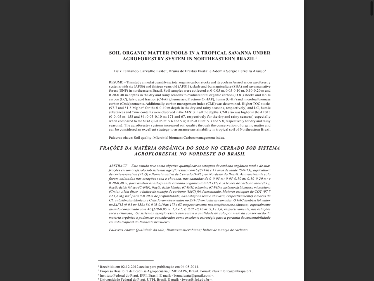 Preview of Soil organic matter pools in a tropical savanna under agroforestry system in Northeastern Brazil - SciELO, accessed on June 7, 2025