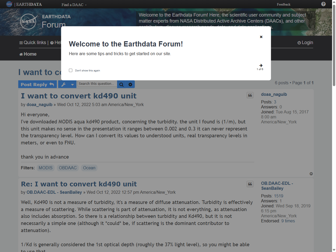 Preview of I want to convert kd490 unit - Earthdata Forum - NASA, accessed August 1, 2025,