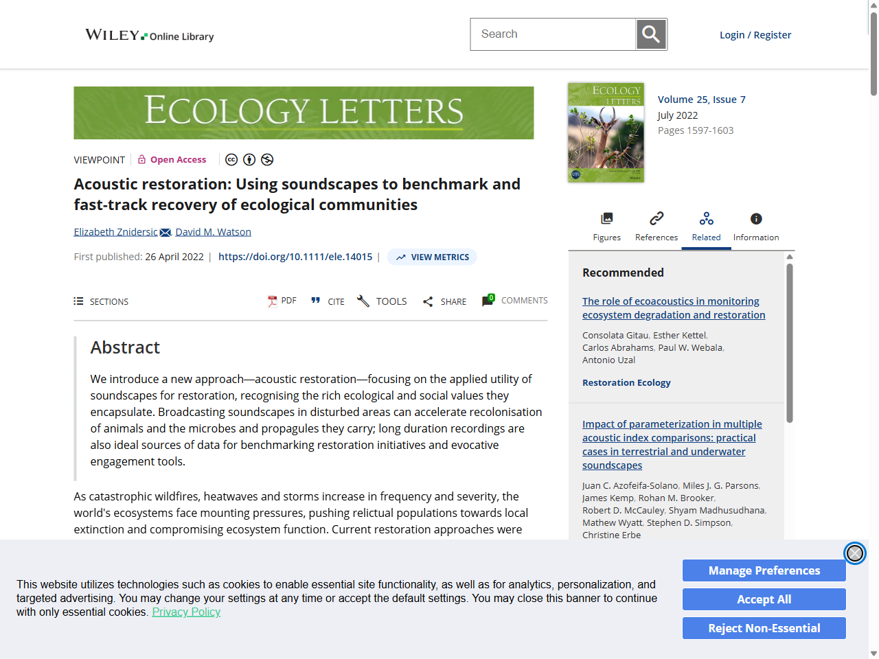 Preview of Znidersic, E. and Watson, D. M., 2022. Acoustic restoration: Using soundscapes to benchmark and fast-track recovery of ecological communities. Ecology Letters, 25.