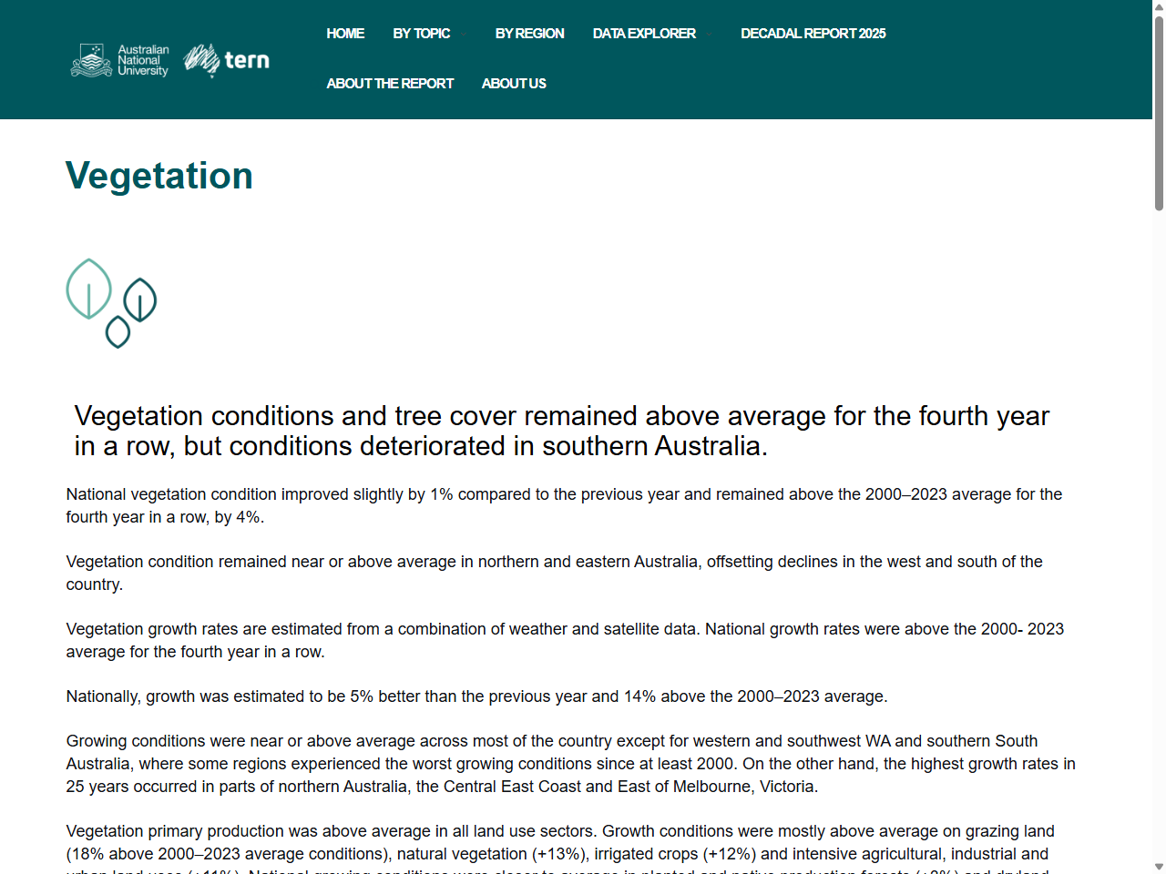 Preview of Vegetation - Australia's Environment Report, accessed on May 28, 2025
