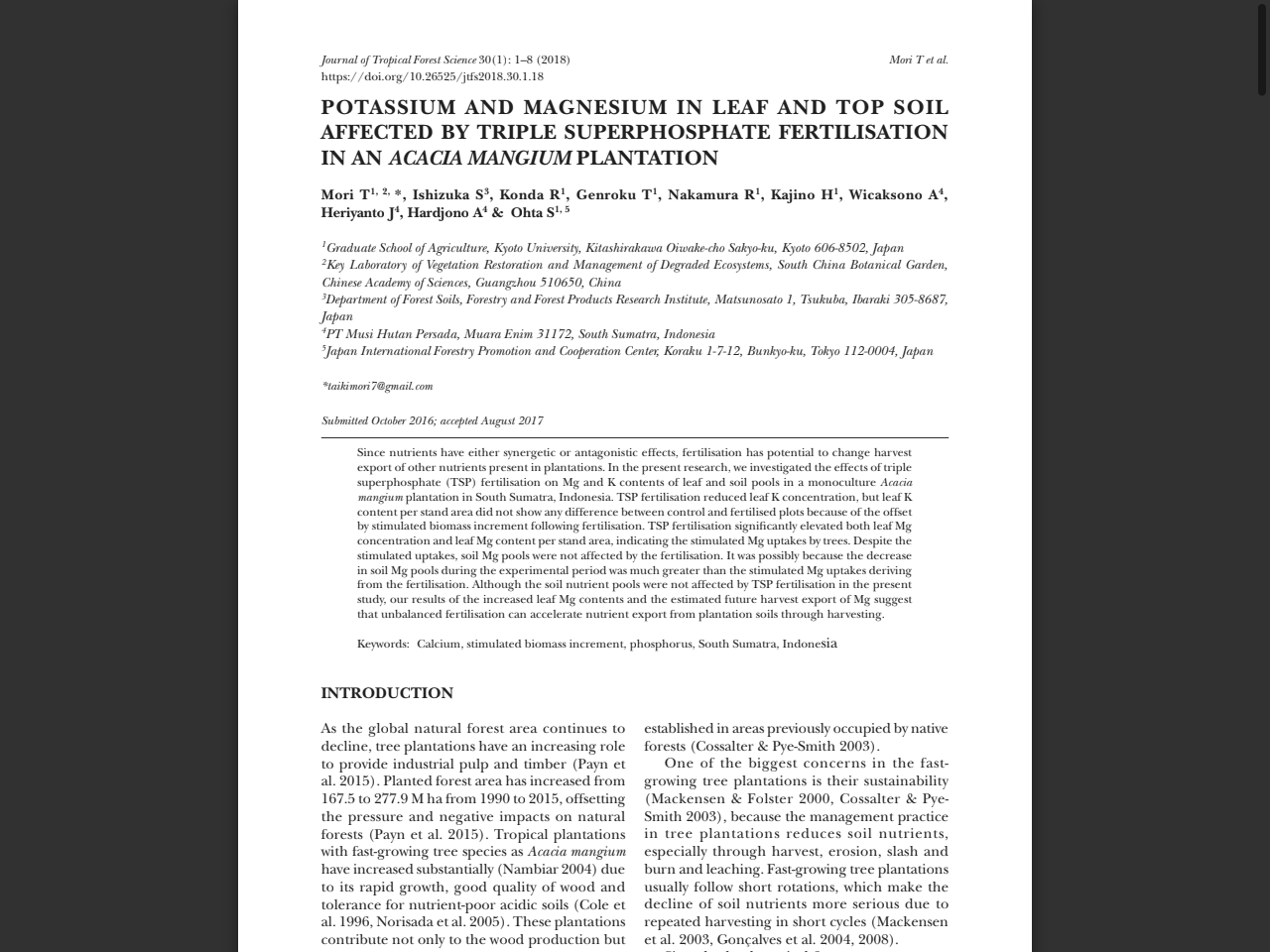 Preview of POTASSIUM AND MAGNESIUM IN LEAF AND TOP SOIL AFFECTED BY TRIPLE SUPERPHOSPHATE FERTILISATION IN AN ACACIA MANGIUM PLANTATION - JOURNAL OF TROPICAL FOREST SCIENCE, accessed July 30, 2025, 