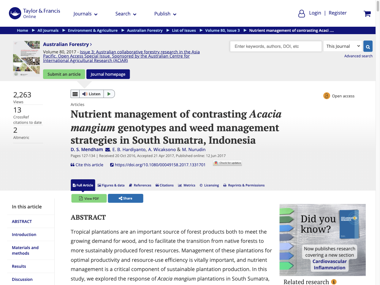 Preview of Full article: Nutrient management of contrasting Acacia mangium genotypes and weed management strategies in South Sumatra, Indonesia, accessed July 30, 2025,