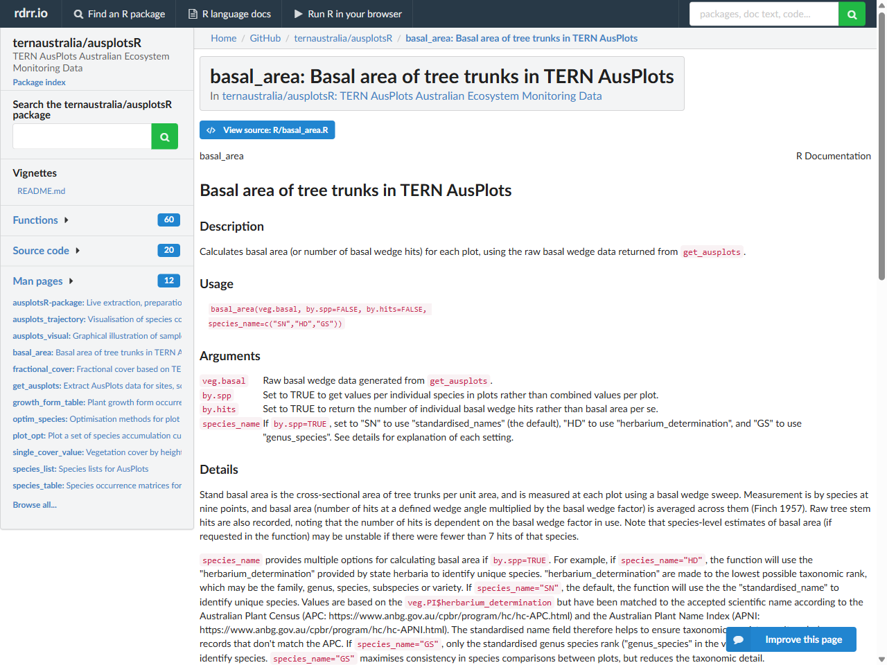 Preview of basal_area: Basal area of tree trunks in TERN AusPlots in ternaustralia/ausplotsR - rdrr.io, accessed July 23, 2025
