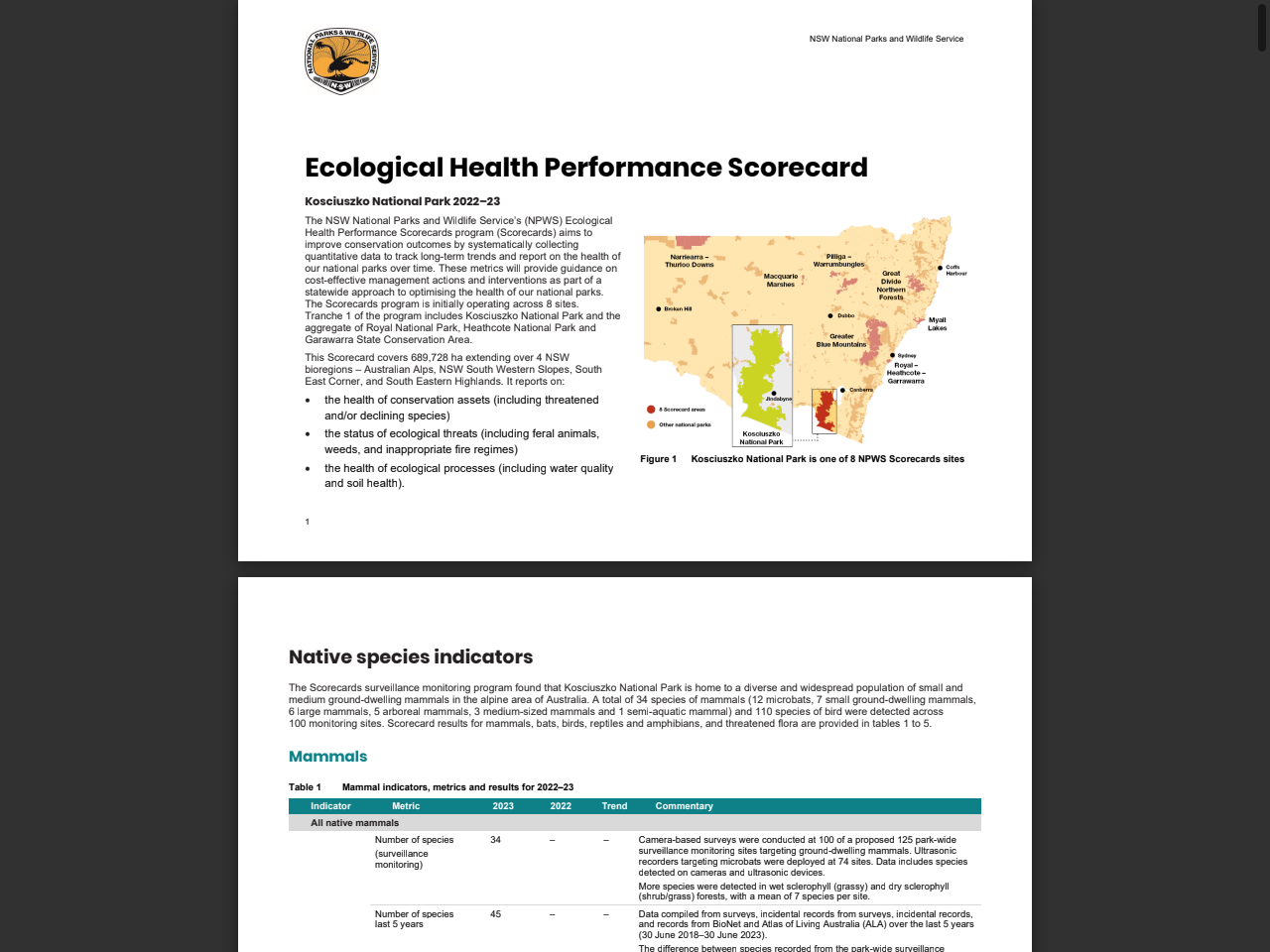 Preview of Ecological Health Performance Scorecard: Kosciuszko National Park 202223 - Environment and Heritage