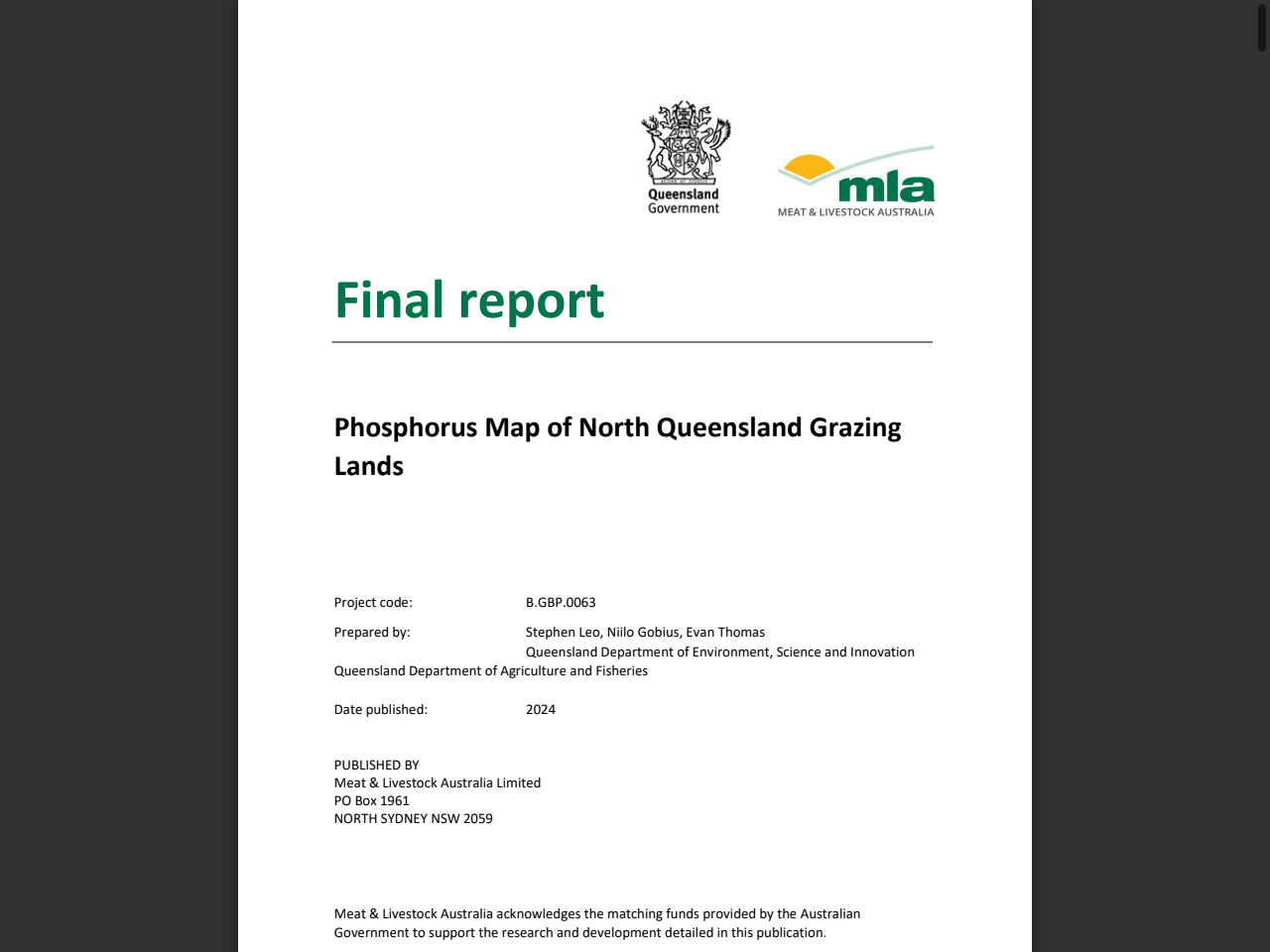 Preview of B.GBP.0063 - Phosphorus Map of Queensland Grazing Lands 2 | Meat & Livestock Australia
