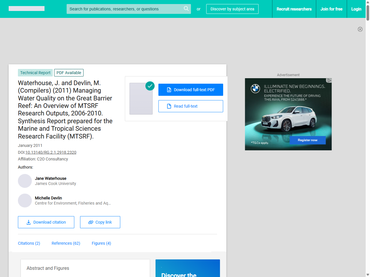 Preview of (PDF) Waterhouse, J. and Devlin, M. (Compilers) (2011) Managing Water Quality on the Great Barrier Reef: An Overview of MTSRF Research Outputs, 2006-2010. Synthesis Report prepared for the Marine and Tropical Sciences Research Facility (MTSRF). - ResearchGate, accessed July 20, 2025, 
