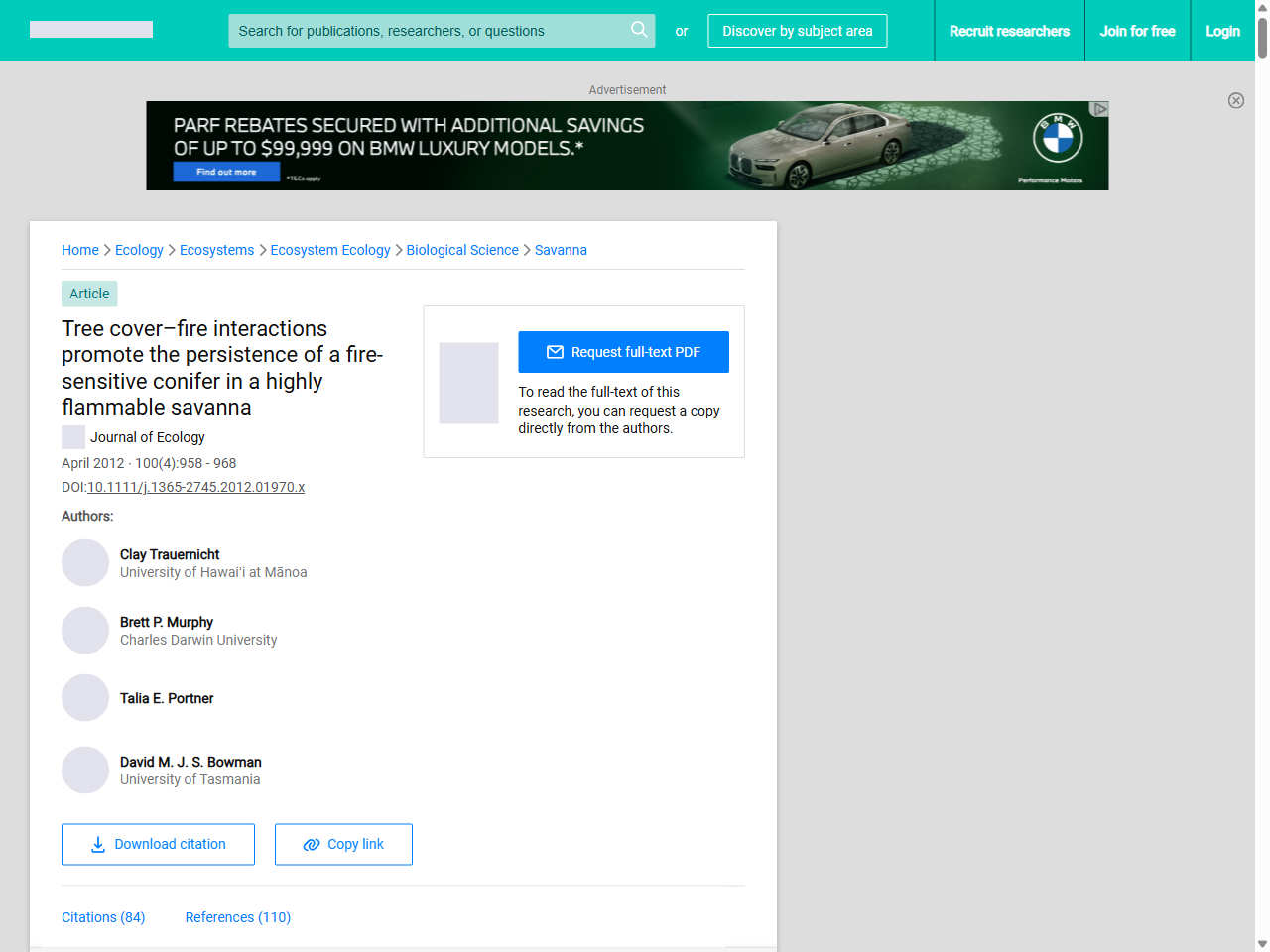 Preview of Tree cover–fire interactions promote the persistence of a fire‐sensitive conifer in a highly flammable savanna | Request PDF - ResearchGate, accessed August 2, 2025, 