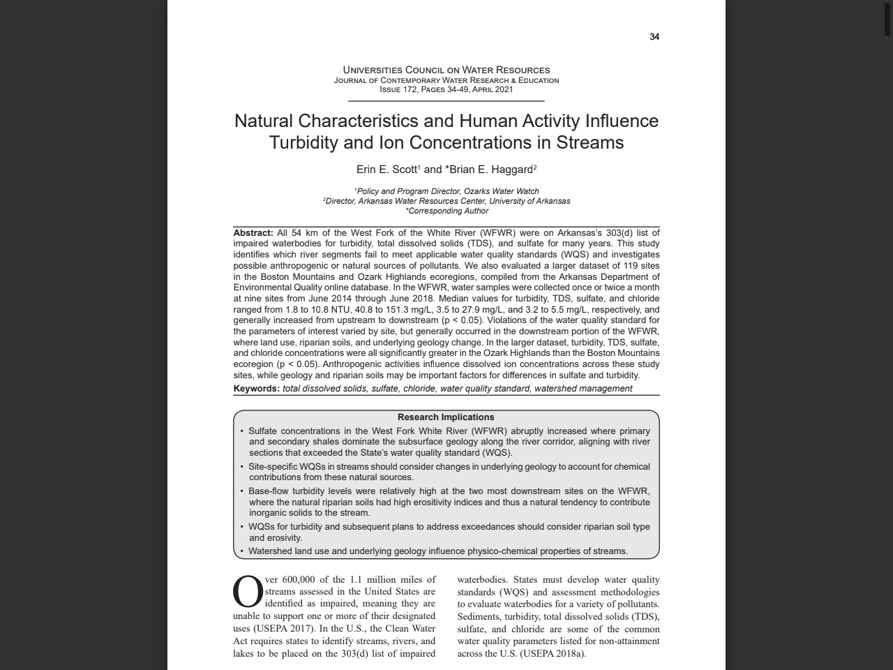 Preview of Natural Characteristics and Human Activity Influence Turbidity and Ion Concentrations in Streams - UCOWR, accessed July 18, 2025,