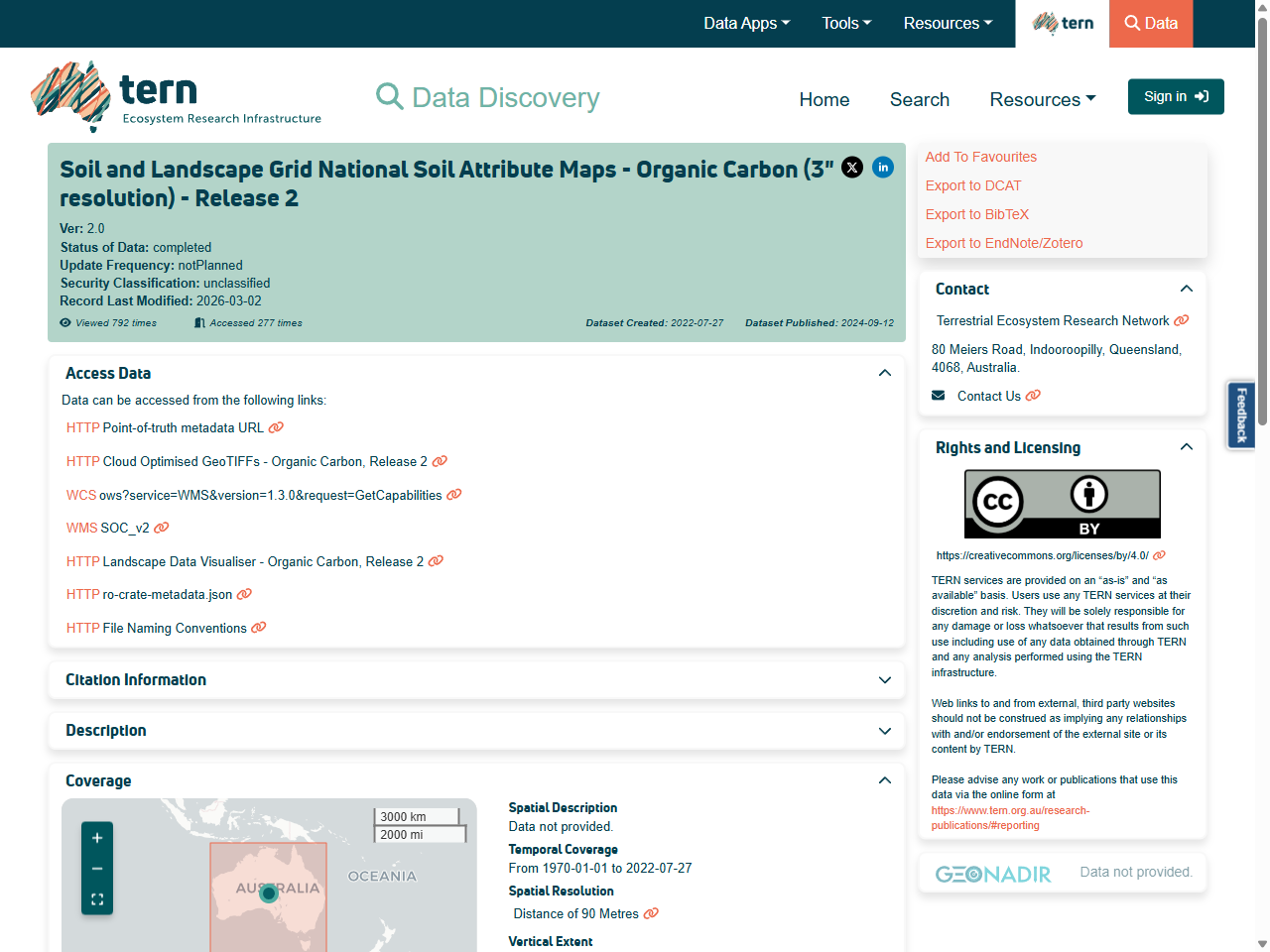 Preview of Soil and Landscape Grid National Soil Attribute Maps - Organic Carbon (3" resolution) - Release 2 - TERN Data Discovery Portal, accessed July 28, 2025
