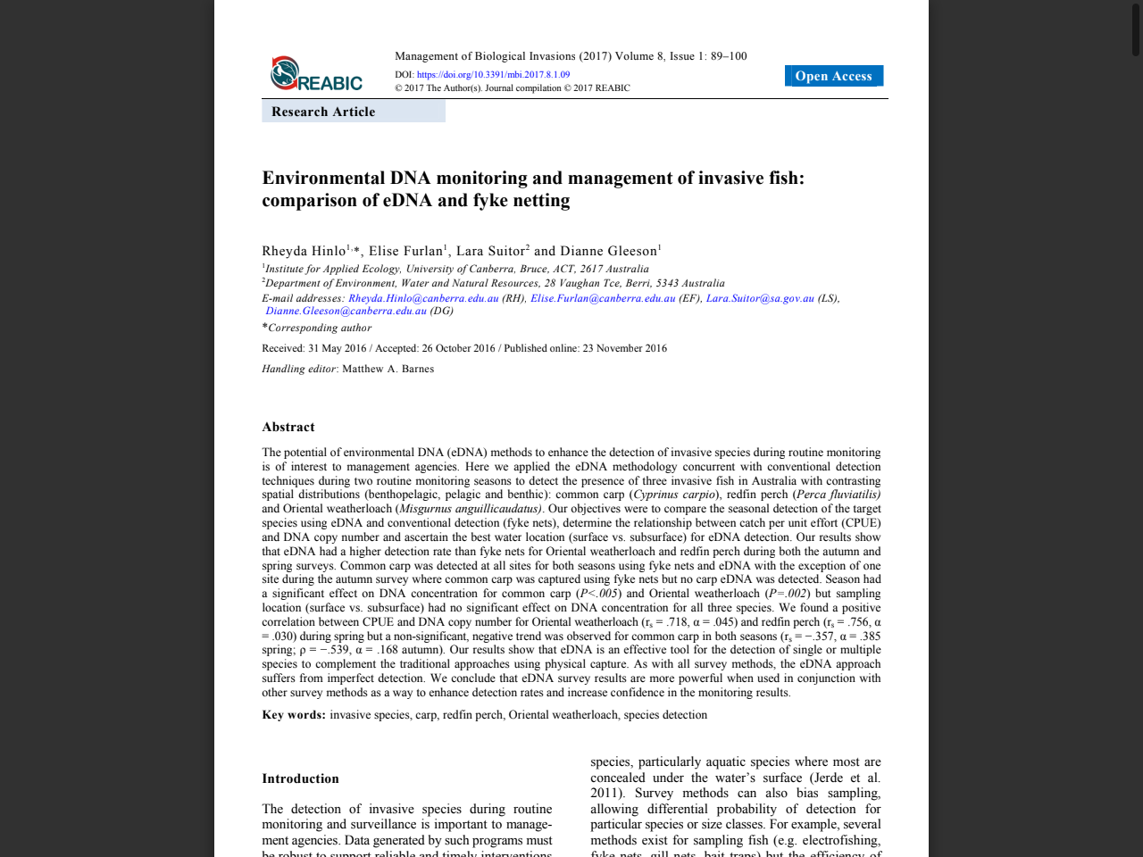 Preview of Environmental DNA monitoring and management of invasive fish: comparison of eDNA and fyke netting - REABIC, accessed August 17, 2025