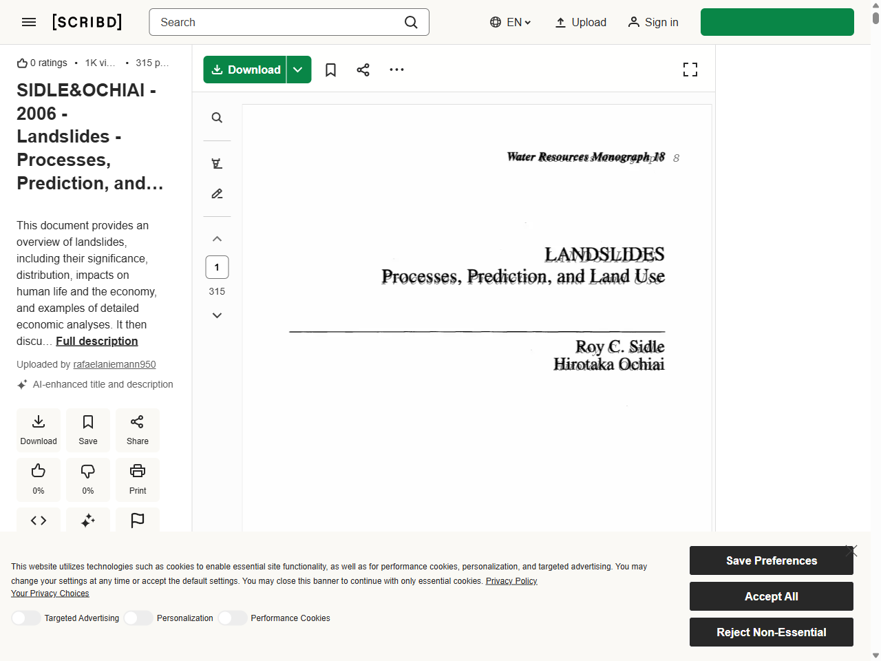 Preview of SIDLE&OCHIAI - 2006 - Landslides - Processes, Prediction, and Land Use | PDF - Scribd, accessed July 20, 2025