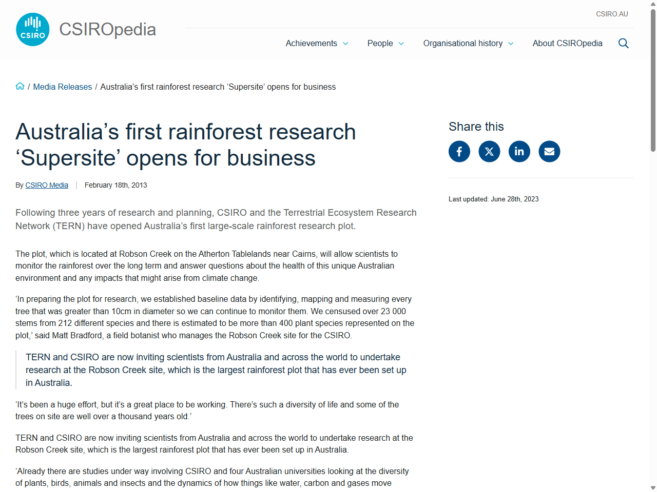 Preview of Australia's first rainforest research 'Supersite' opens for business - CSIROpedia, accessed July 20, 2025