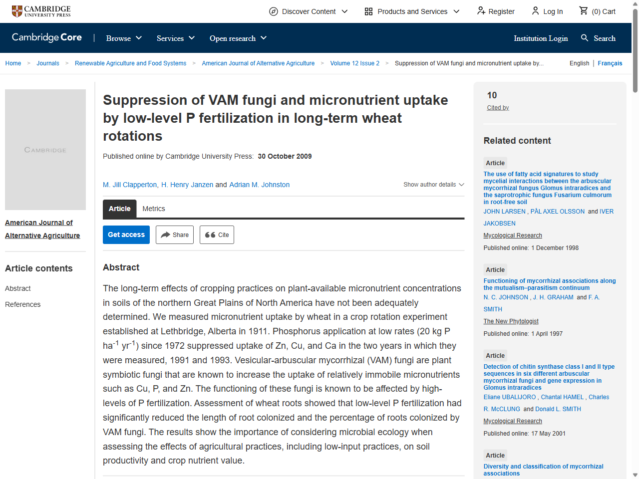 Preview of Suppression of VAM fungi and micronutrient uptake by low-level P fertilization in long-term wheat rotations | American Journal of Alternative Agriculture | Cambridge Core, accessed July 7, 2025, 