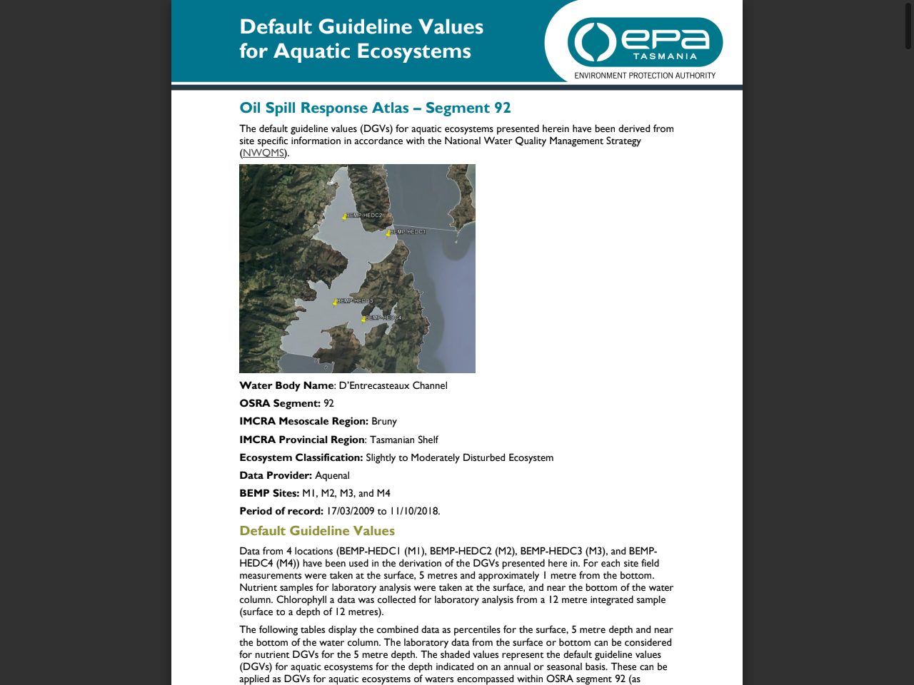 Preview of Default Guideline Values for Aquatic Ecosystems - EPA Tasmania, accessed July 13, 2025,