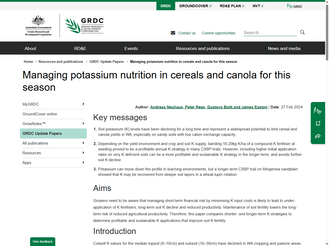 Preview of Managing potassium nutrition in cereals and canola for this season - GRDC