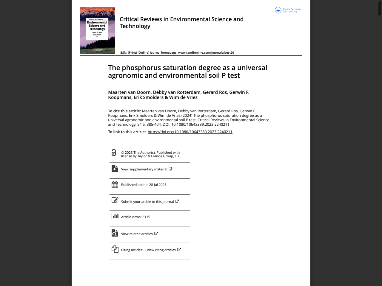 Preview of The phosphorus saturation degree as a universal agronomic and environmental soil P test
