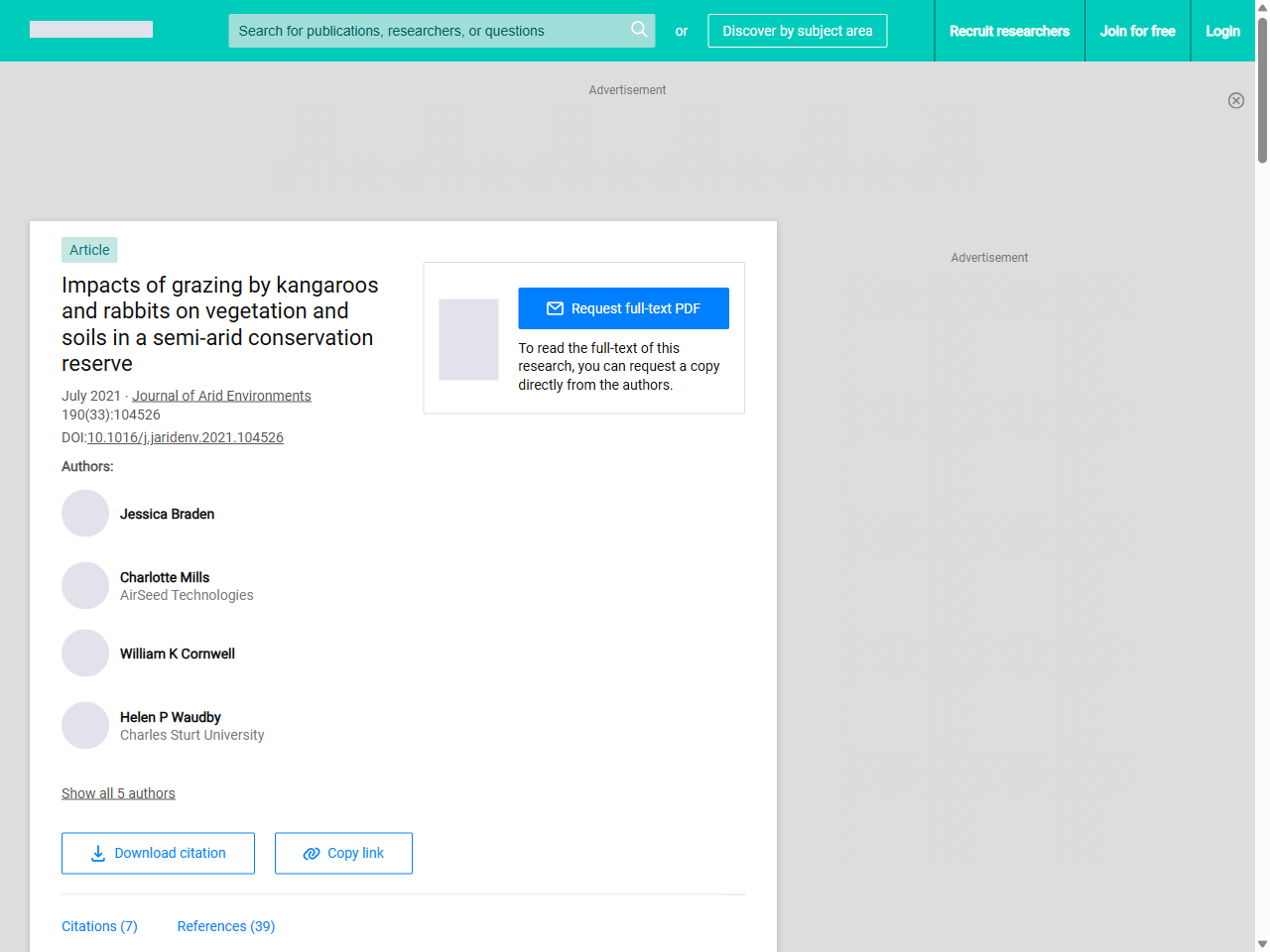 Preview of Impacts of grazing by kangaroos and rabbits on vegetation and soils in a semi-arid conservation reserve | Request PDF - ResearchGate