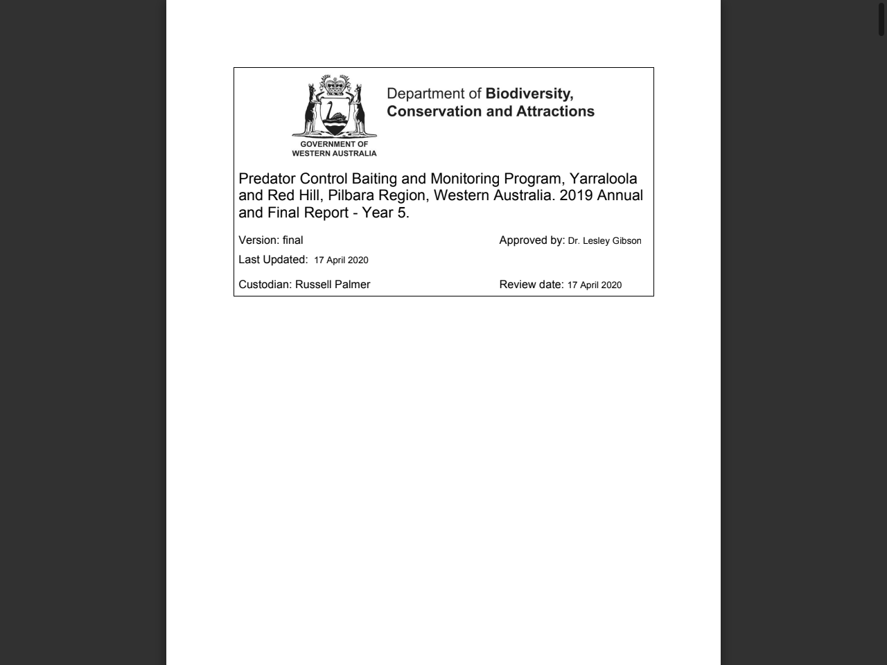 Preview of Predator Control Baiting and Monitoring Program, Yarraloola and Red Hill, Pilbara Region, Western Australia. 2019 Annual and Fin - DBCA Library, accessed July 27, 2025
