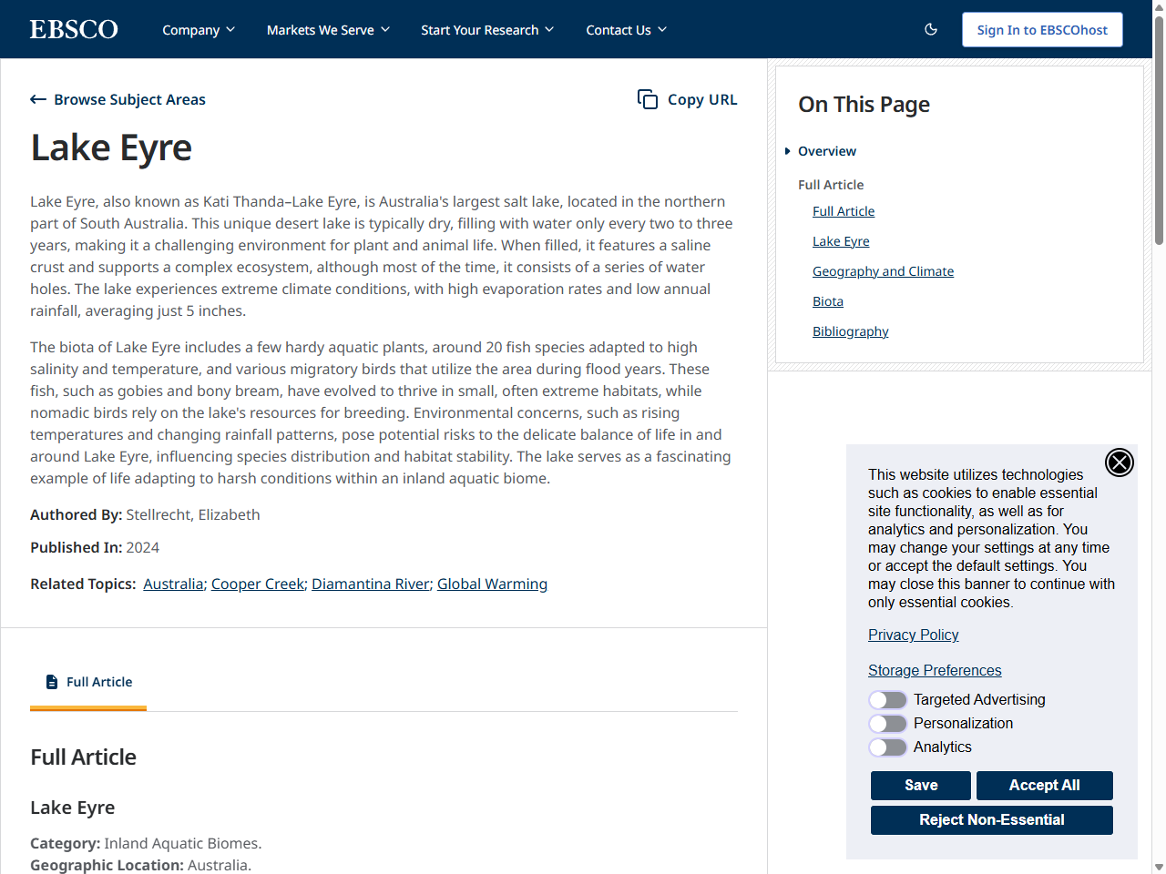 Preview of Lake Eyre | EBSCO Research Starters