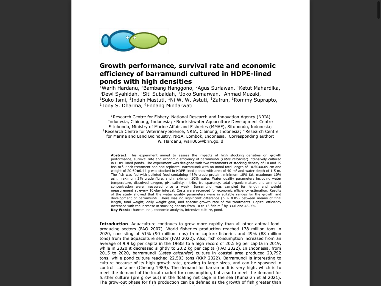 Preview of Growth performance, survival rate and economic efficiency of barramundi cultured in HDPE-lined ponds with high densities - Bioflux