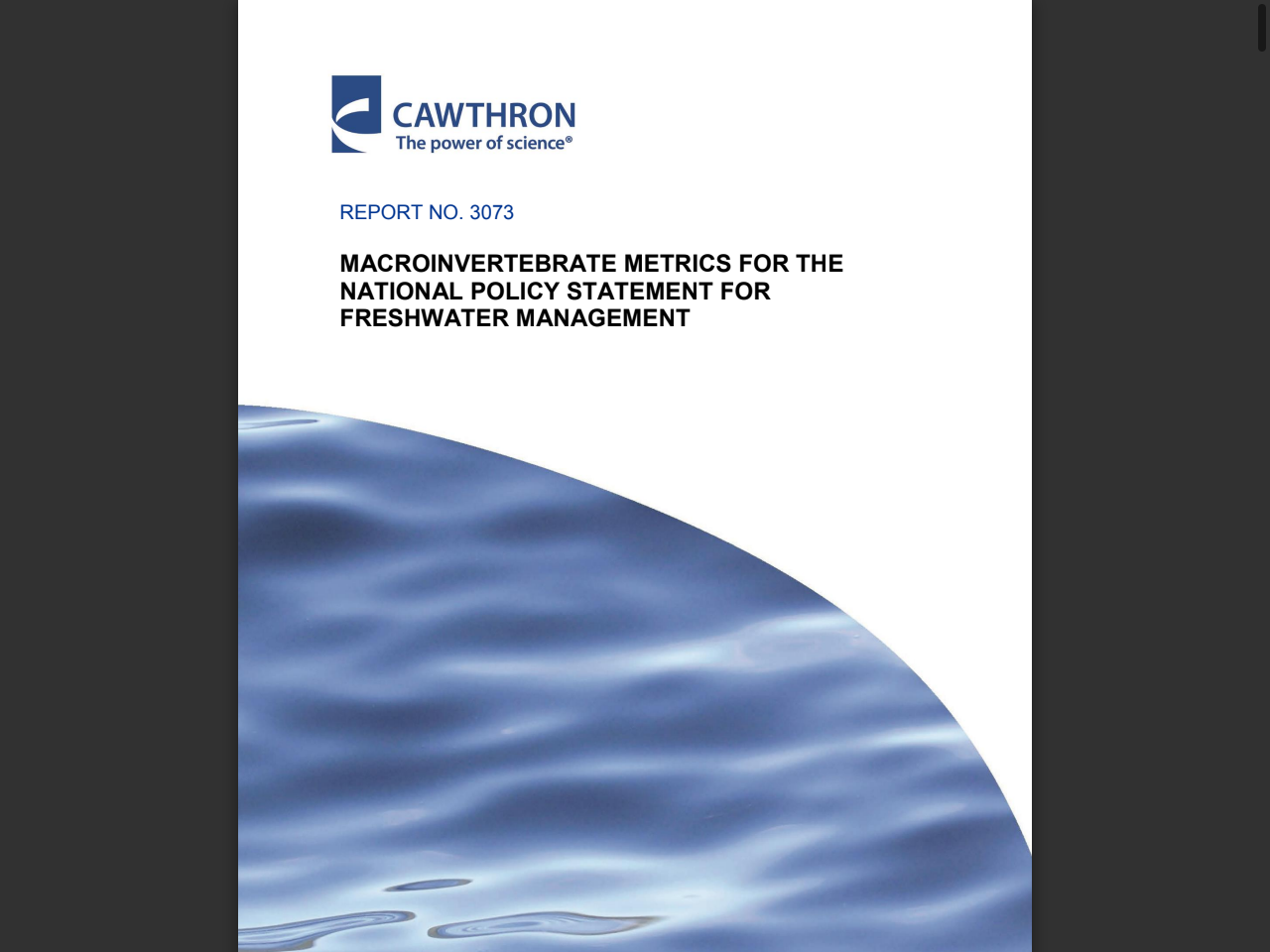 Preview of report no. 3073 - macroinvertebrate metrics for the national policy statement for freshwater management - Ministry for the Environment