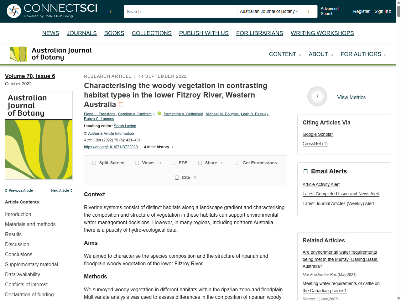 Preview of Characterising the woody vegetation in contrasting habitat types in the lower Fitzroy River, Western Australia - CSIRO PUBLISHING | Australian Journal of Botany