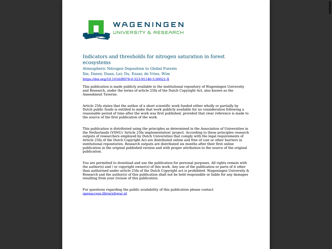 Preview of Indicators and thresholds for nitrogen saturation in ... - WUR eDepot