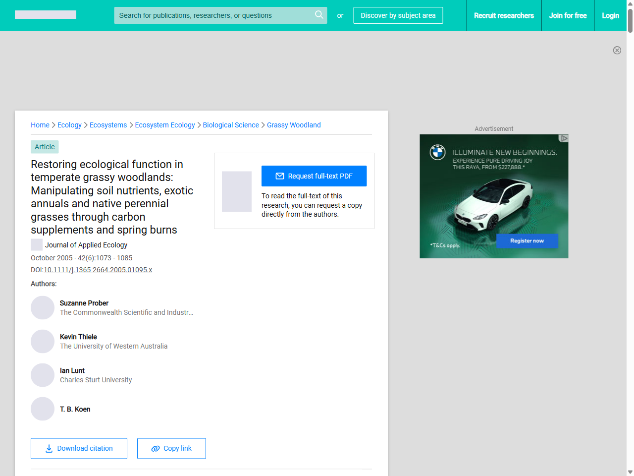 Preview of Restoring ecological function in temperate grassy woodlands: Manipulating soil nutrients, exotic annuals and native perennial grasses through carbon supplements and spring burns | Request PDF - ResearchGate, accessed May 12, 2025