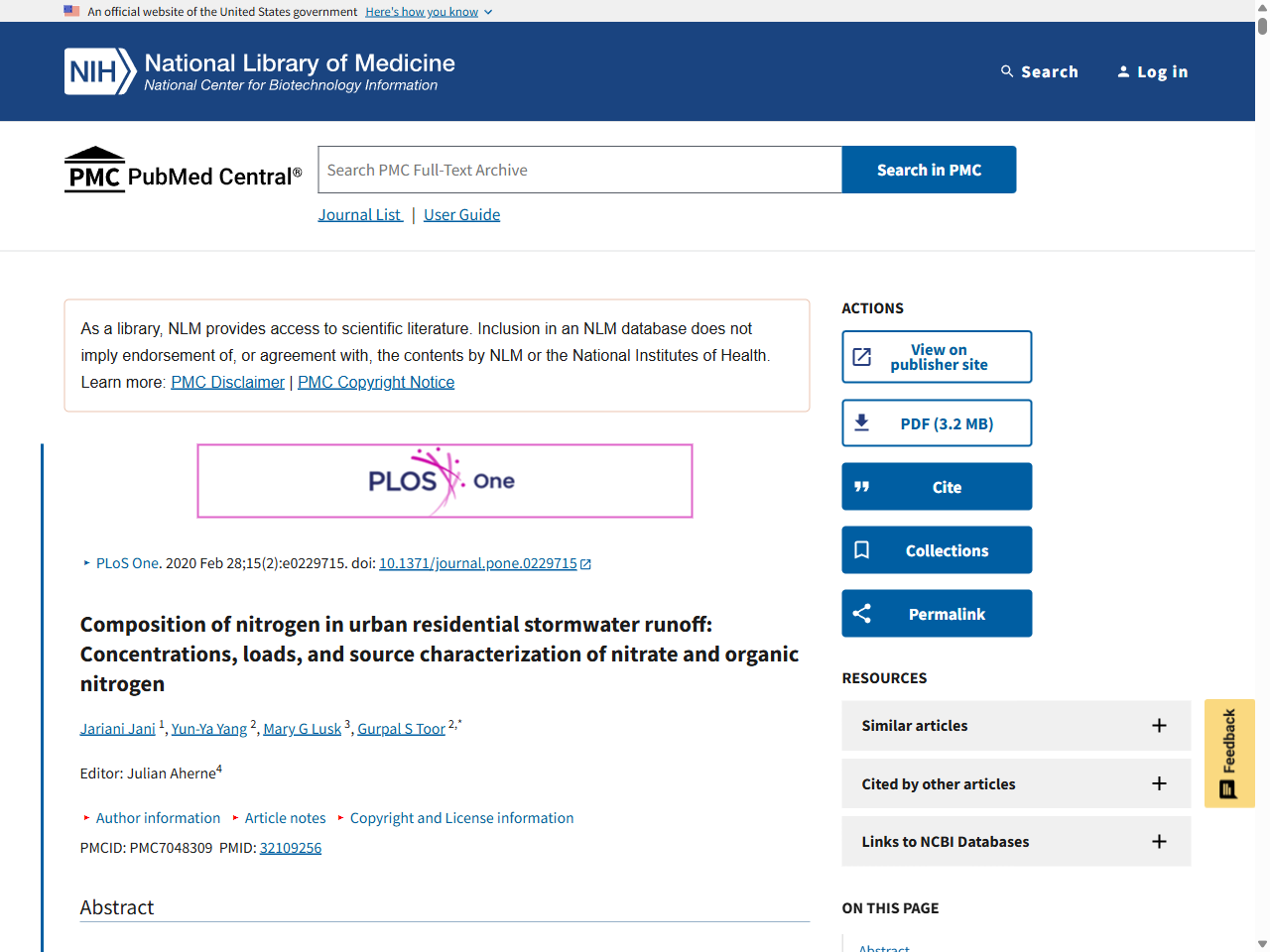 Preview of Composition of nitrogen in urban residential stormwater runoff: Concentrations, loads, and source characterization of nitrate and organic nitrogen - PMC - PubMed Central, accessed July 13, 2025, 