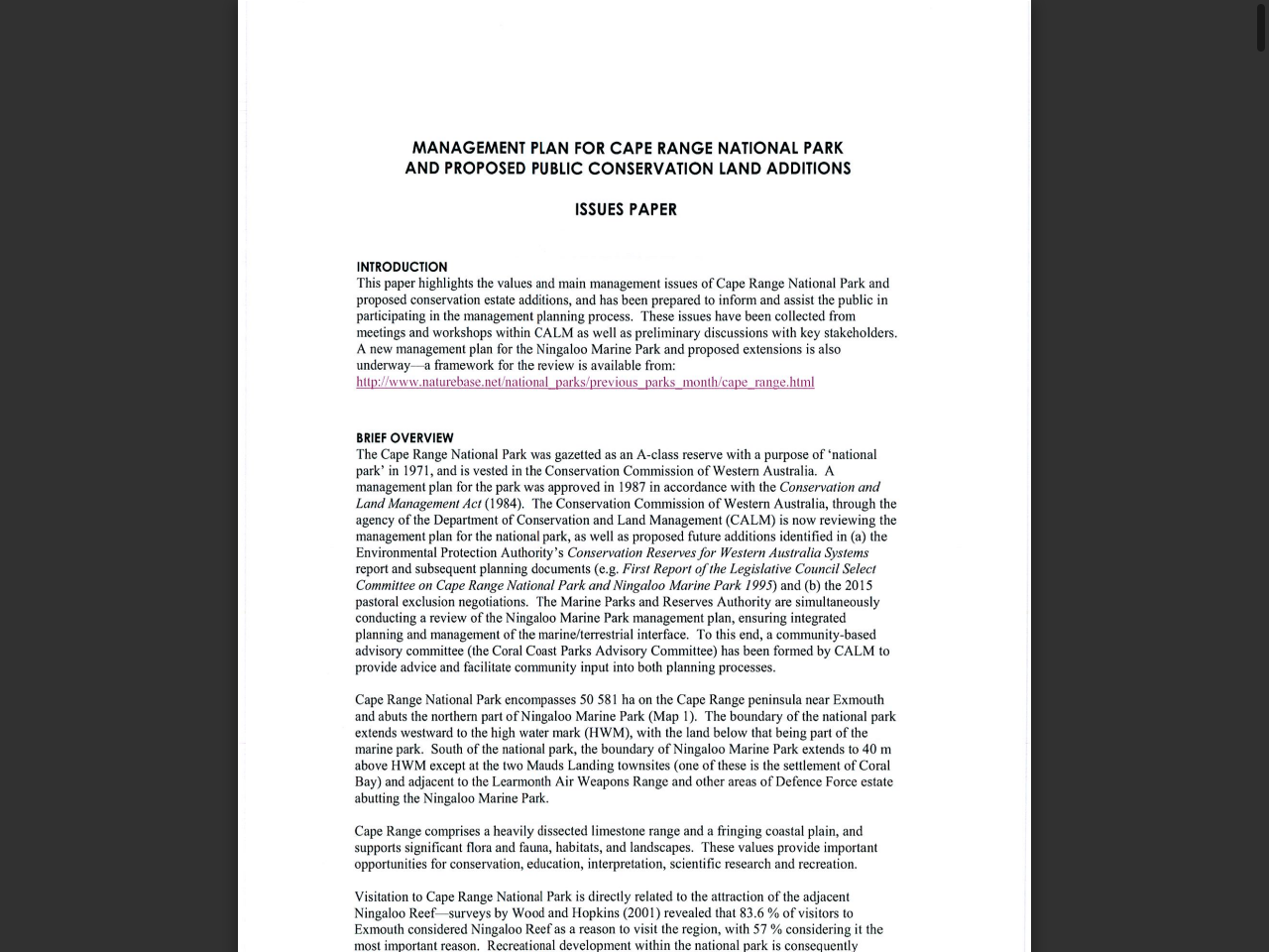 Preview of management plan for Cape Range National Park and proposed public conservation land additions - DBCA Library, accessed July 26, 2025,
