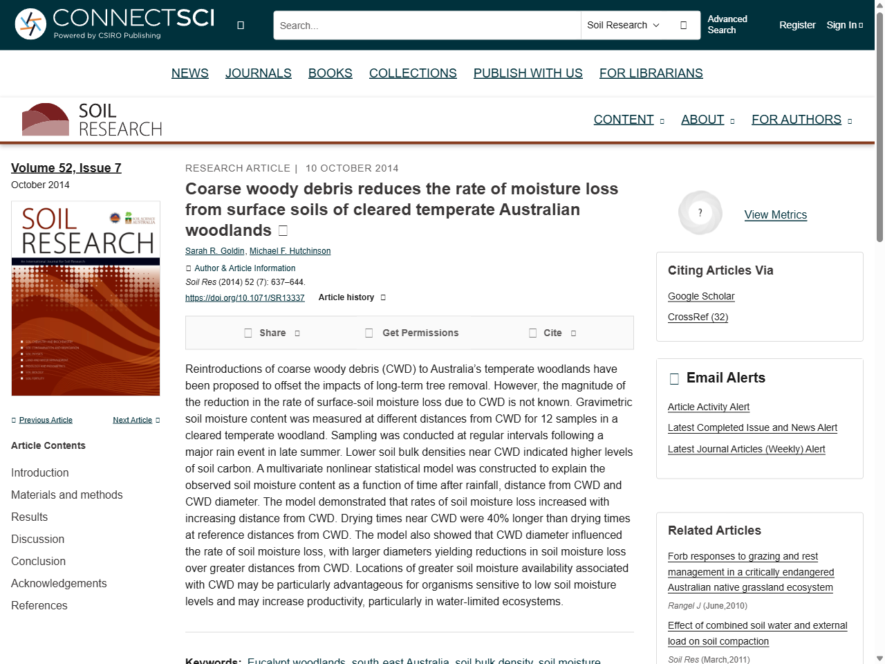 Preview of Coarse woody debris reduces the rate of moisture loss from surface soils of cleared temperate Australian woodlands - CSIRO Publishing
