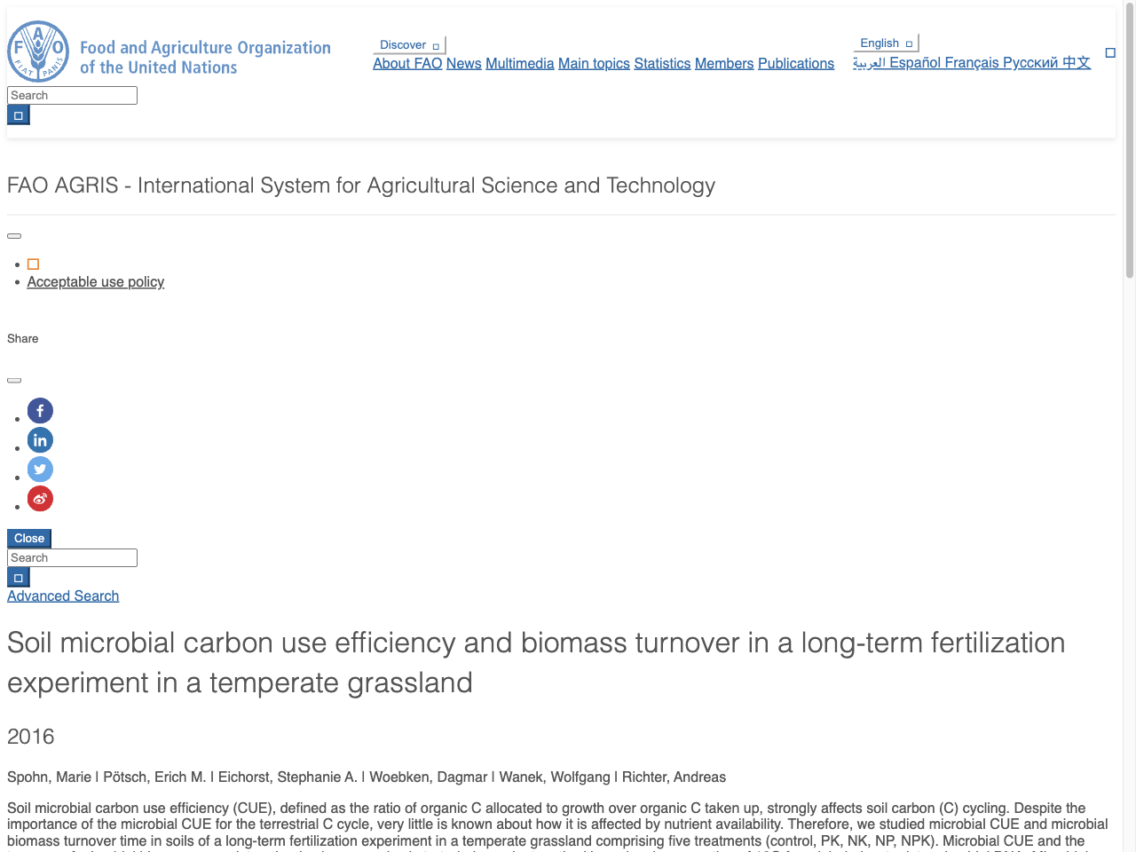 Preview of Soil microbial carbon use efficiency and biomass turnover in a long-term fertilization experiment in a temperate grassland - AGRIS, accessed August 5, 2025,