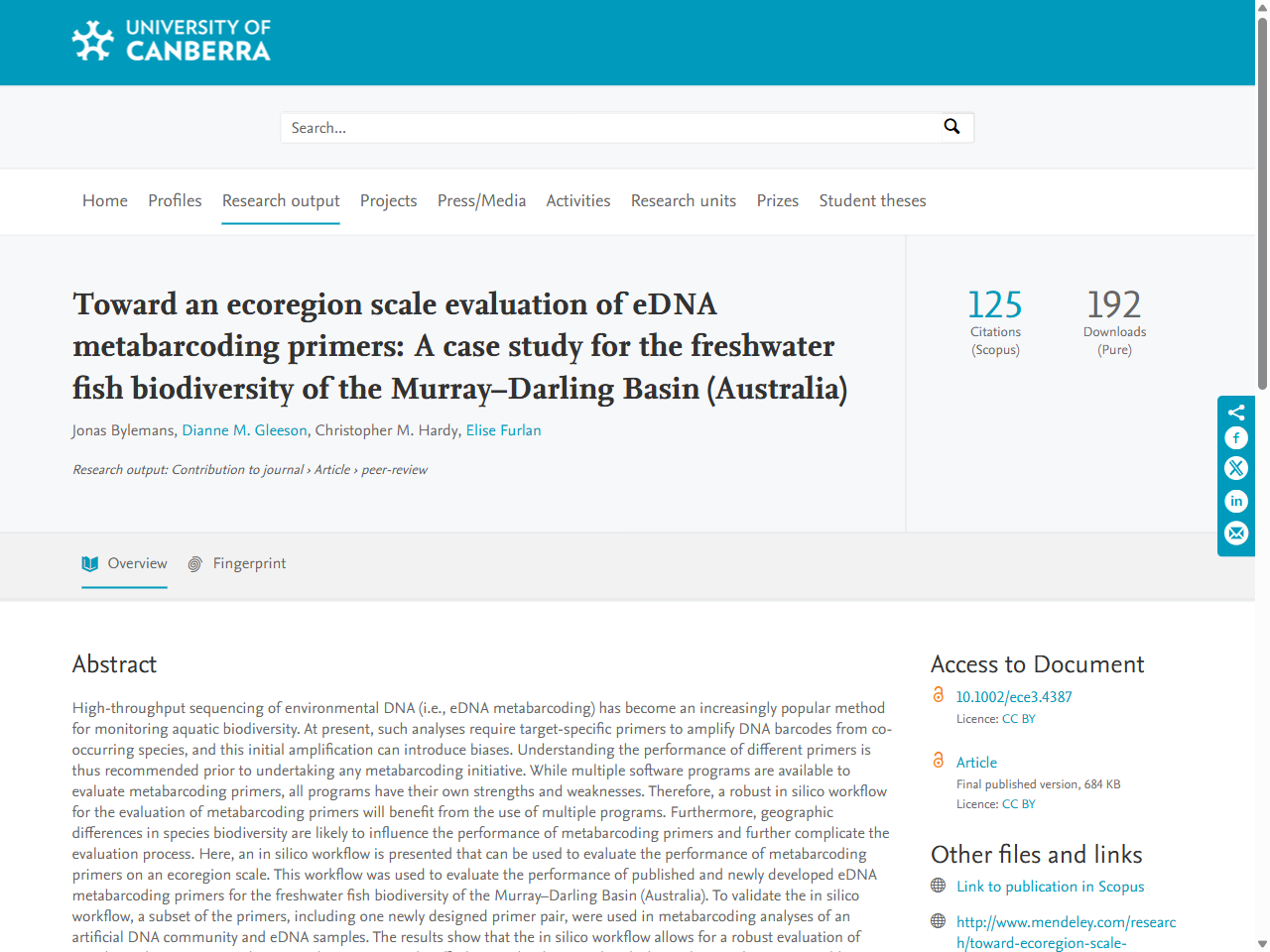 Preview of Toward an ecoregion scale evaluation of eDNA metabarcoding primers: A case study for the freshwater fish biodiversity of the Murray–Darling Basin (Australia) - University of Canberra Research Portal, accessed August 10, 2025